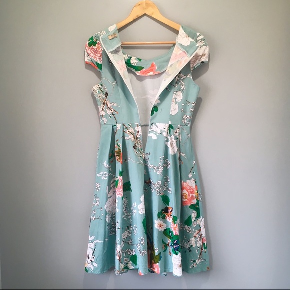 Green Floral Retro Style A-Line Cocktail Dress - Picture 5 of 8